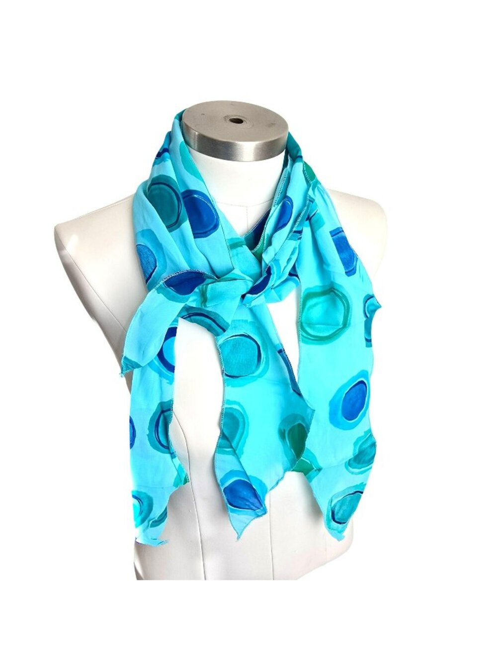 Blue Green Scarf Colorful Polka Dot Multi End Tie Scalloped Edges JJ3796